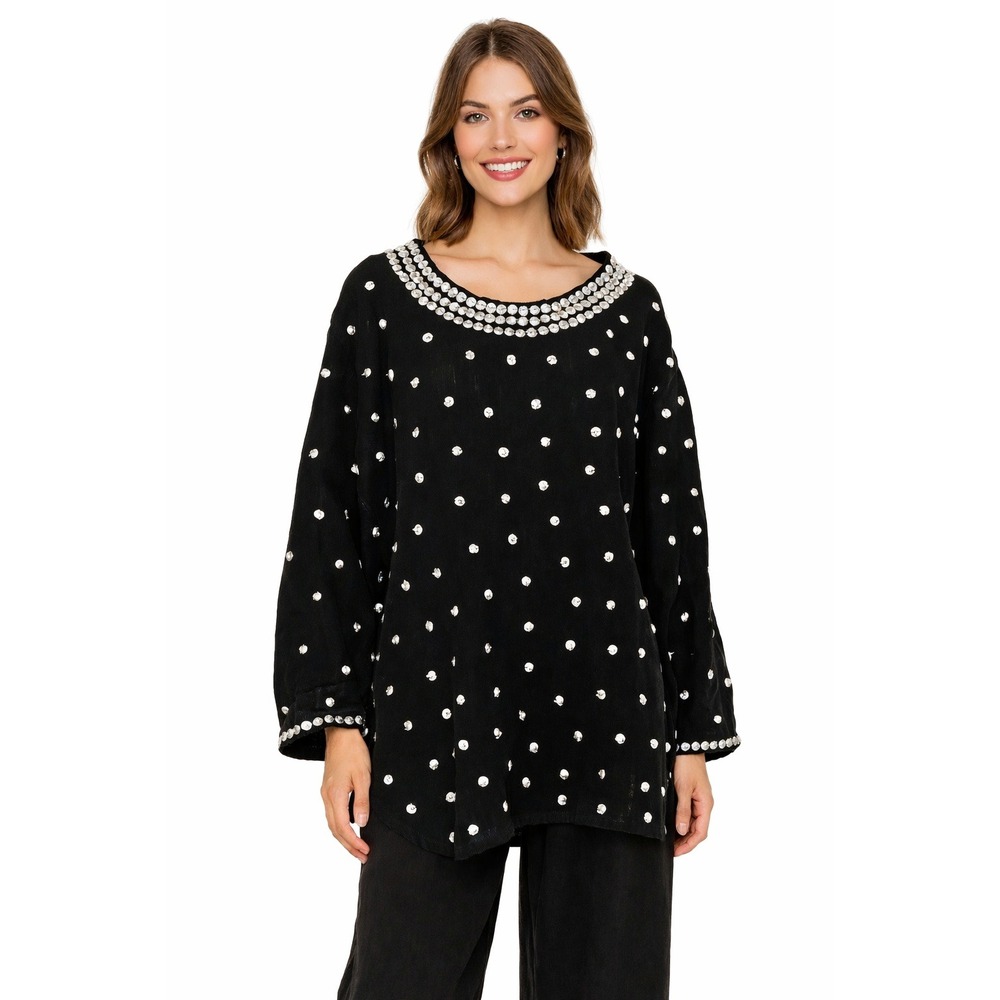 Laise Adzer Linen‎ Black Silver Metal Studs Polka Dot Lagenlook Top Blouse OS